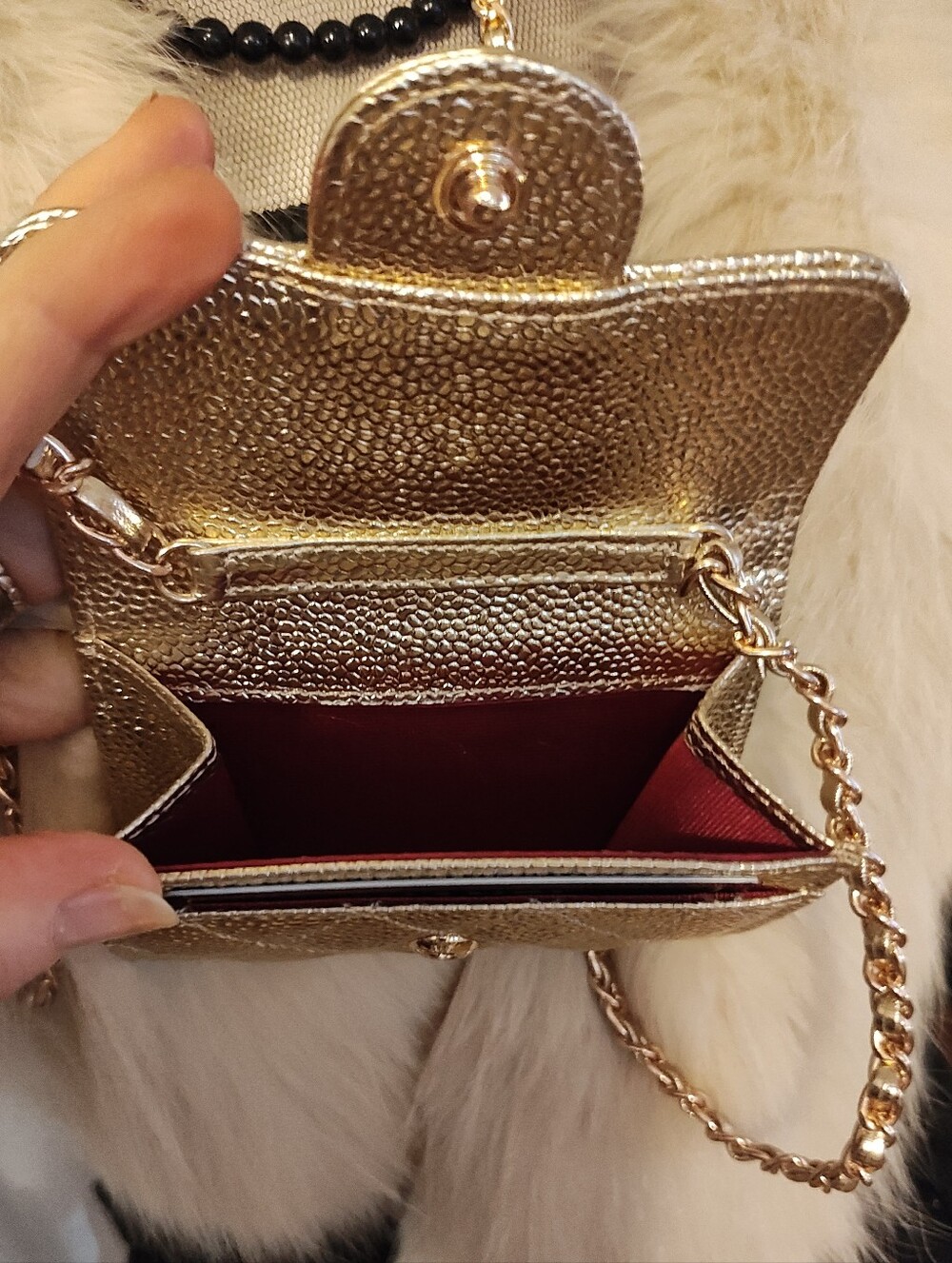 Gold Quilted Mini Crossbody Wallet With Luxury Logo Detail - Picture 4 of 9